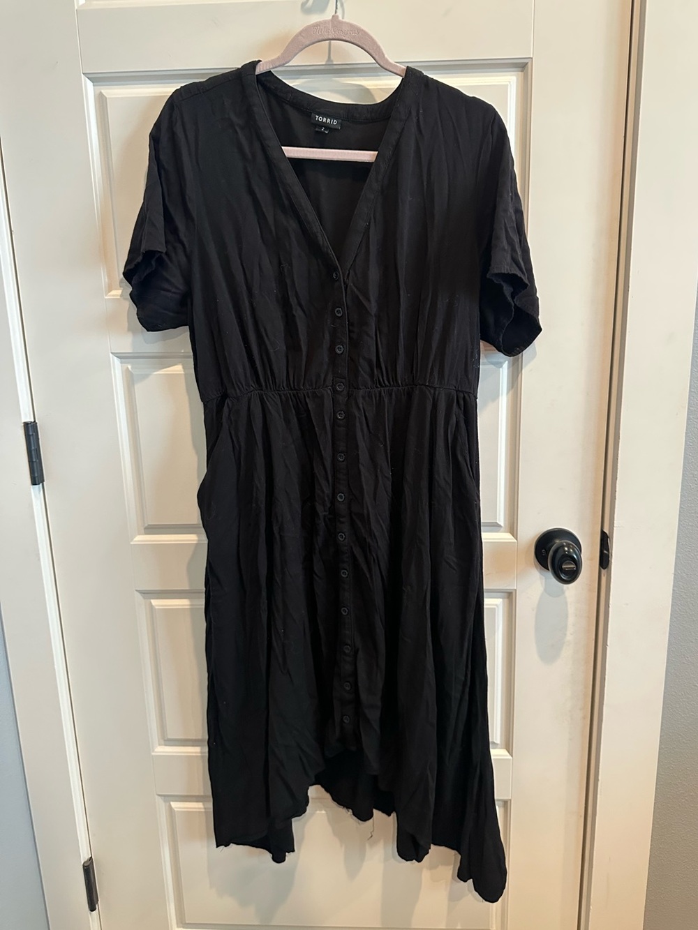 Torrid 2 Black Button Front Midi Dress V Neck Short Sleeve Babydoll Plus Size